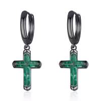 wholesale Black 925 Sterling Silver Green Stone Cross Huggie Hoop Dangle Earrings-Black Cross (Malarchite Gravels)