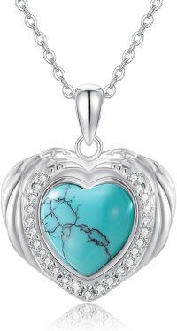 wholesale 925 Sterling Silver Angel Wing Pendant w/ Turquoise & Opal Stone Heart Charm Necklace-Turquoise