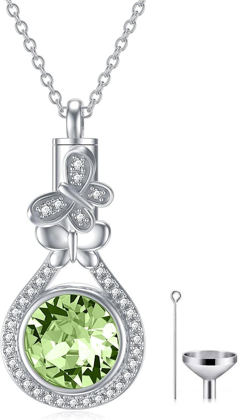 Sterling Silver Austrian Crystal Butterfly Urn Necklace for Ashes-08-Aug. Peridot