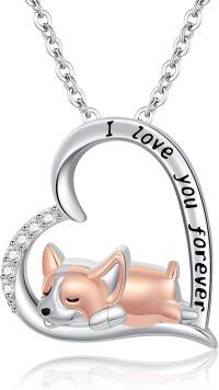 wholesale 925 Sterling Silver Heart-Shaped Corgi Dog Pendant Necklace with Cubic Zirconia Stones for Women-Heart