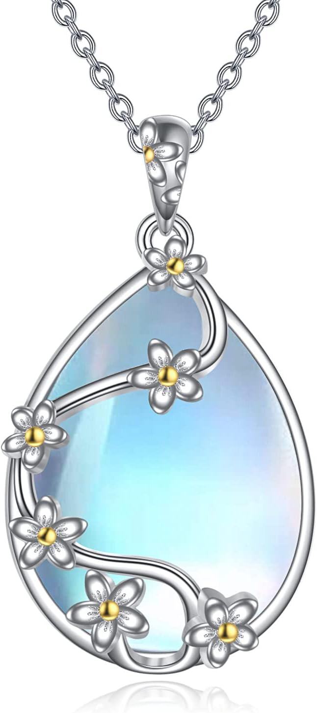 Sterling Silver Moonstone Filigree Teardrop Pendant Necklace for Women-H-Moonstone flower necklace