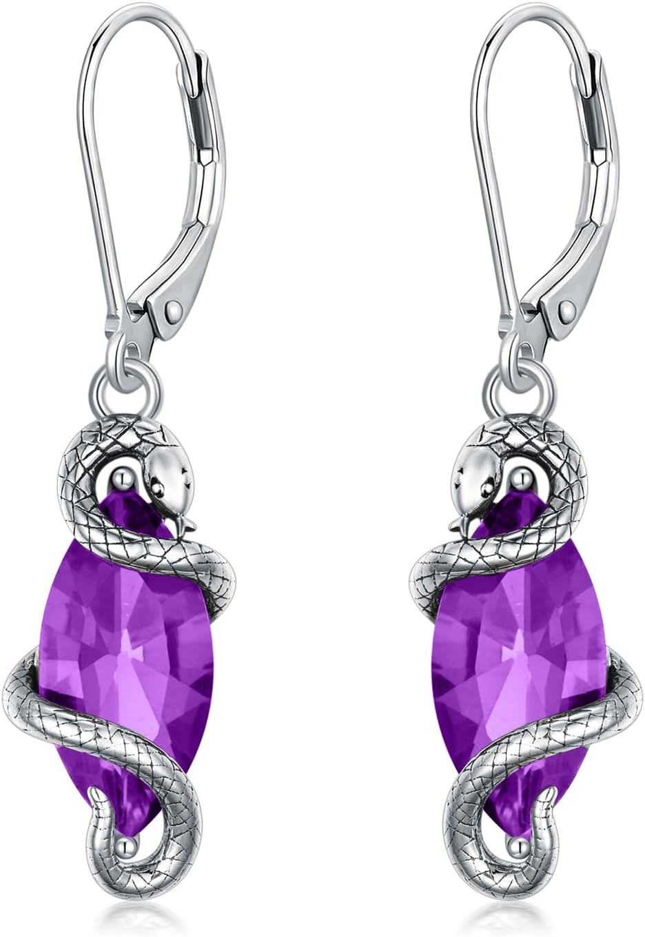 Sterling Silver Crystal Vintage Snake Dangle Drop Leverback Earrings for Women-Amethyst Purple