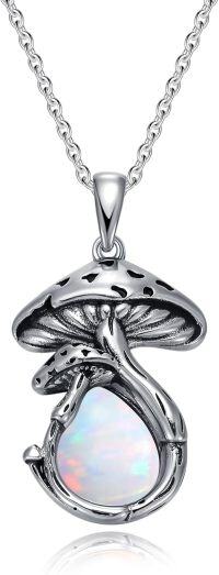 wholesale 925 Sterling Silver Mushroom Pendant w/ White Fire Opal & Green Malachite - Women's Fashion -Opal Mushroom