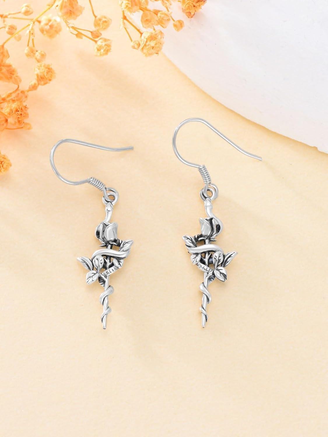 925 Sterling Silver Rose Vine Drop Earrings-0-3