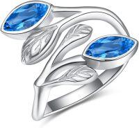 wholesale Sterling Silver Leaf Ring with Birthstone Adjustable Wrap Promise Engagement Wedding Rings for Women-Blue Topaz