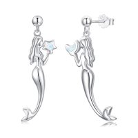 wholesale 925 Sterling Silver Mermaid Opal Starfish Studs Huggies Earrings for Women and Girls-02 Mermaid(-White Opal)