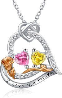 wholesale  Sterling Silver 2 Birthstones Rose Heart Necklace for Women -10-11-Oct-Nov