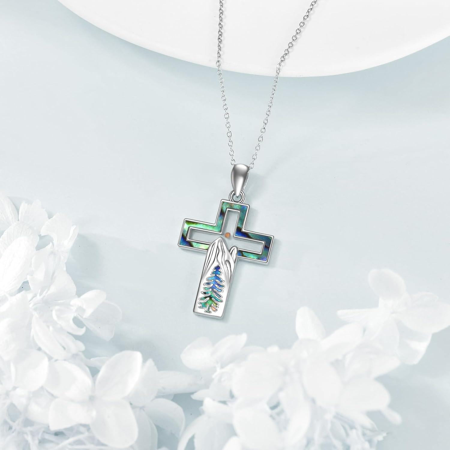 wholesale 925 Sterling Silver Abalone Shell Tree of Life Cross Pendant Necklace for Women Gifts-0-4
