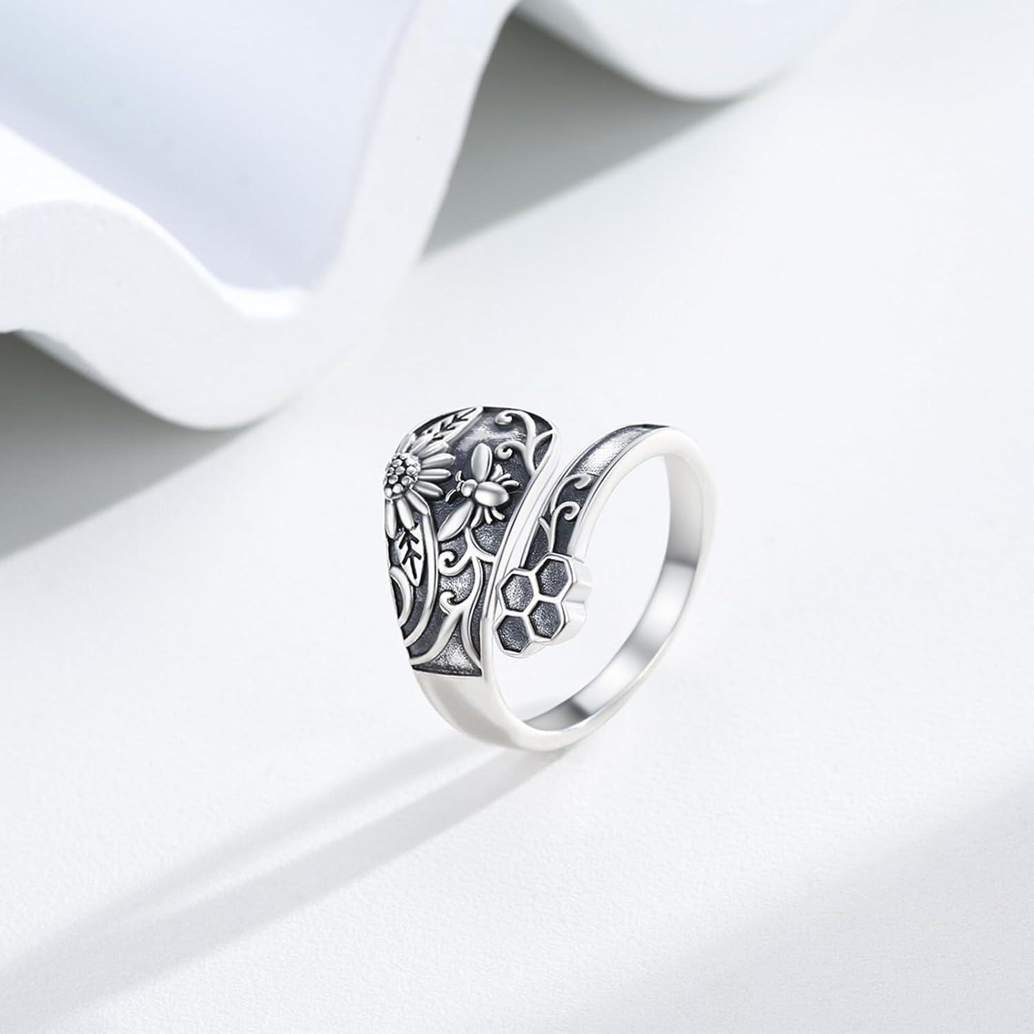 wholesale 925 Sterling Silver Turquoise Spoon Ring Adjustable Dragonfly Sunflower Bee Vintage Jewelry-0-4