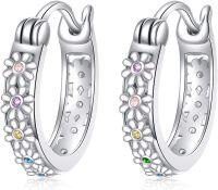 wholesale 925 Sterling Silver Daisy Hoop Earrings with Colorful Flowers and Paw Prints-Daisy Hoop Earrings