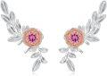 wholesale 925 Sterling Silver Pink Crystal Flower Leaf Studs for Non-Pierced Ears-0-0