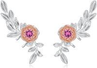 wholesale 925 Sterling Silver Pink Crystal Flower Leaf Studs for Non-Pierced Ears-Rose