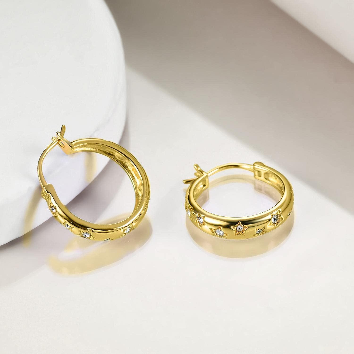 Gold Plated Star Studs Hoops for Women 18K Gold Tone CZ Huggie Earring Set-0-4