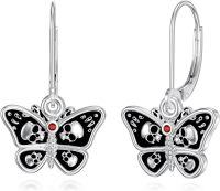 wholesale 925 Sterling Silver Butterfly Skull Drop Earrings with Red Stone and Black Enamel-Butterfly