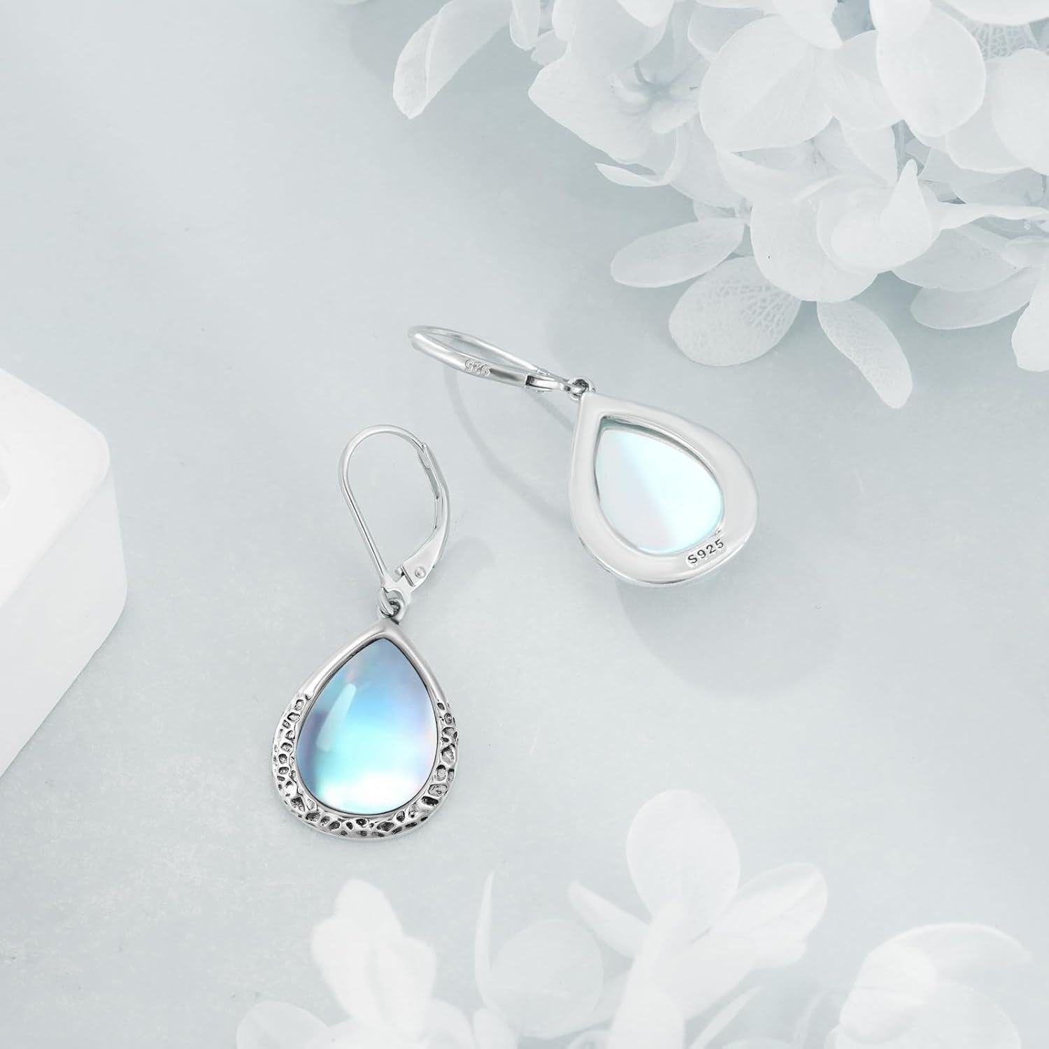 Sterling Silver Moonstone Dangle Drop Earrings Leverback Jewelry-0-4