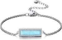 wholesale 925 Sterling Silver Blue Rectangle Larimar & White Zirconia Beaded Chain Anklet for Women (Adjustable Size 8-10 inches)-larimar