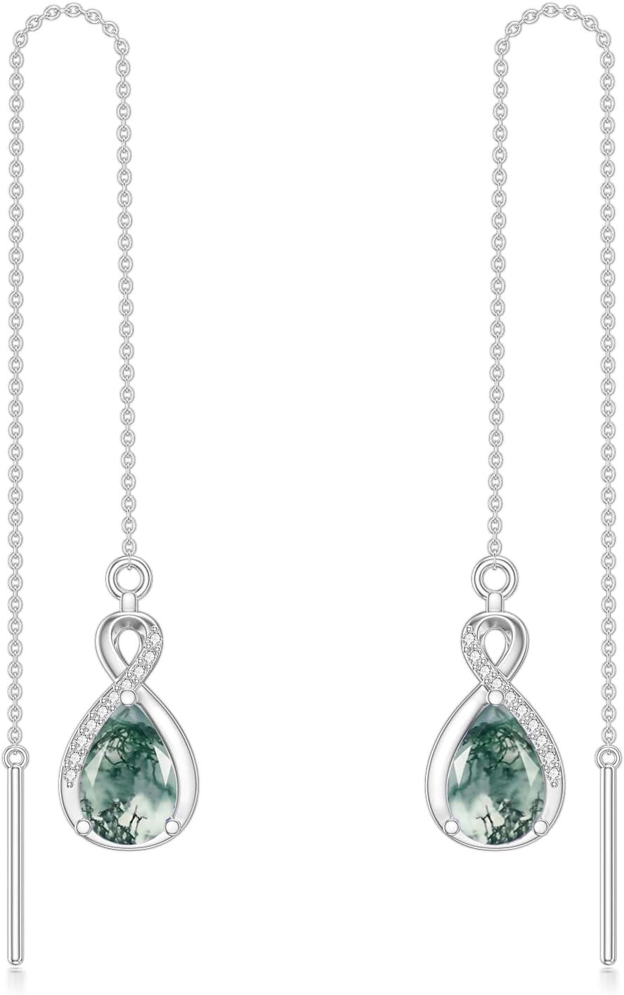 Sterling Silver 12 Birthstone Infinity Threader Drop Earrings for Women-0-Moss Agate
