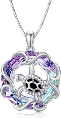 wholesale 925 Sterling Silver Sea Turtle Necklace with Purple Crystal Pendant Ocean Theme Jewelry for Women Summer Beach Gift for Marine Animal Lovers-B-Sea Turtle-Purple Crystal