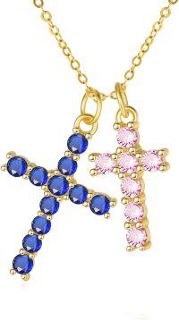 wholesale 14K Gold Sterling Silver Birthstone Double Cross Necklace for Women-09-10-Sept-Oct