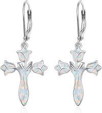 wholesale 925 Sterling Silver White Opal Flower Cross Drop Earrings for Women-White Opal Cross