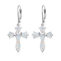 wholesale 925 Sterling Silver White Opal Flower Cross Drop Earrings for Women-White Opal Cross