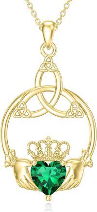 wholesale 925 Sterling Silver Celtic Claddagh Necklace with Heart Birthstones-13-May-Gold Plated