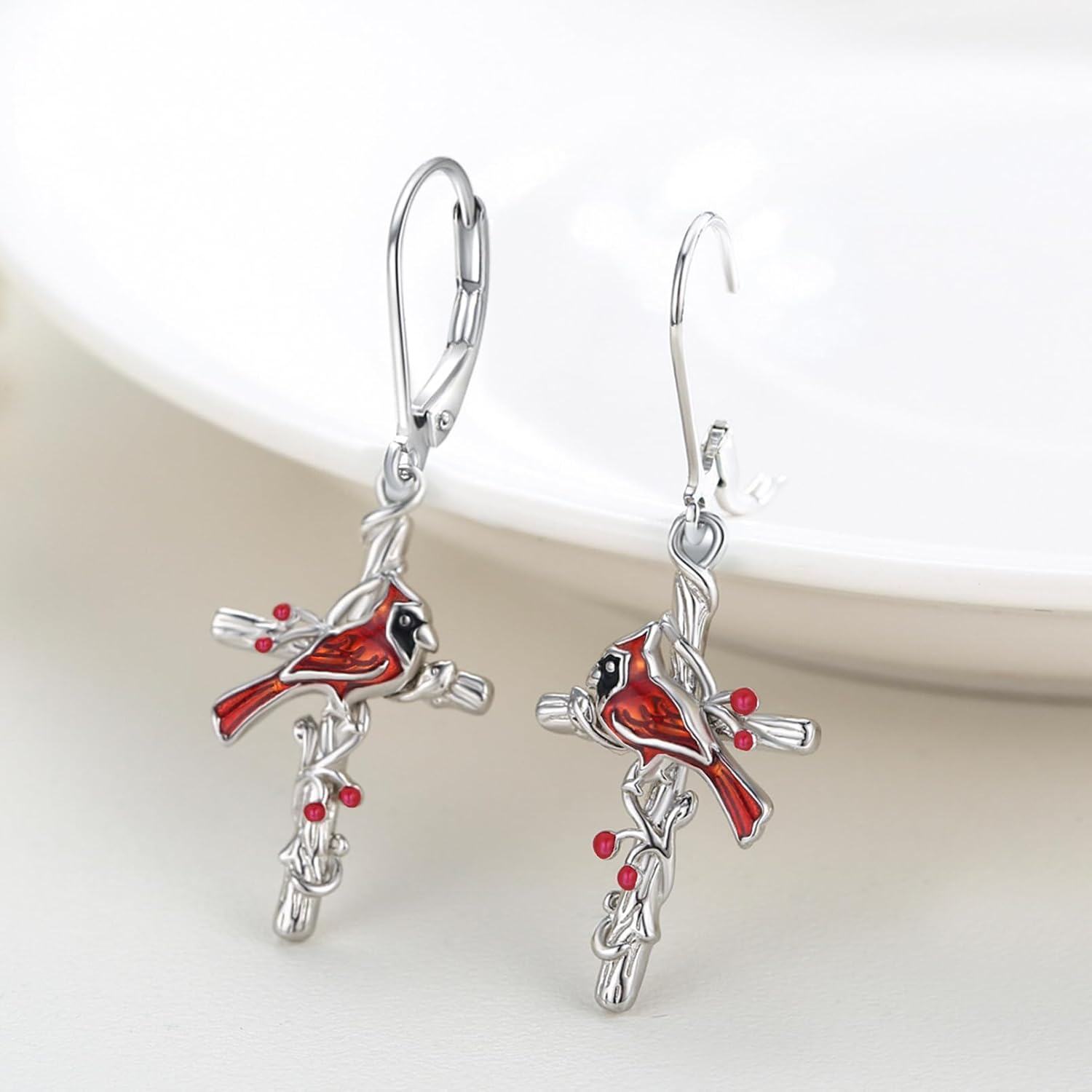 Sterling Silver Red Cardinal Cross Earrings Hypoallergenic Memorial Gift-0-3