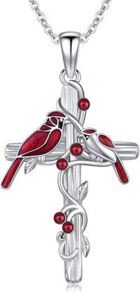 wholesale 925 Sterling Silver Cross with Red Cardinals and Berries Pendant Necklace for Women - Christmas s-2 Cardinal