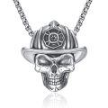 wholesale 925 Sterling Silver Firefighter Skull Pendant Necklace Oxidized Silver Box Chain-0-0
