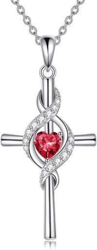 wholesale 925 Sterling Silver Birthstone Cross Pendant Necklace for Women-January-Red