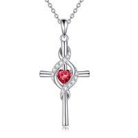 wholesale 925 Sterling Silver Birthstone Cross Pendant Necklace for Women-January-Red