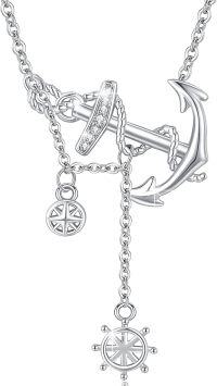wholesale 925 Sterling Silver Anchor Dangle Pendant Necklace with Compass and Helm Charm Vintage s for Women Mom Mother Daughter-White Gold Plated