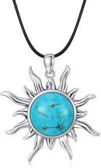 wholesale 925 Sterling Silver Turquoise Sun Charm Necklace with Leather Cord - December Birthstone & 11th Anniversary Gift-B_Turquoise_Braided Leather