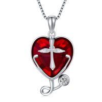 TOUPOP Sterling Silver Blue Crystal Cross Stethoscope Heart Pendant-undefined
