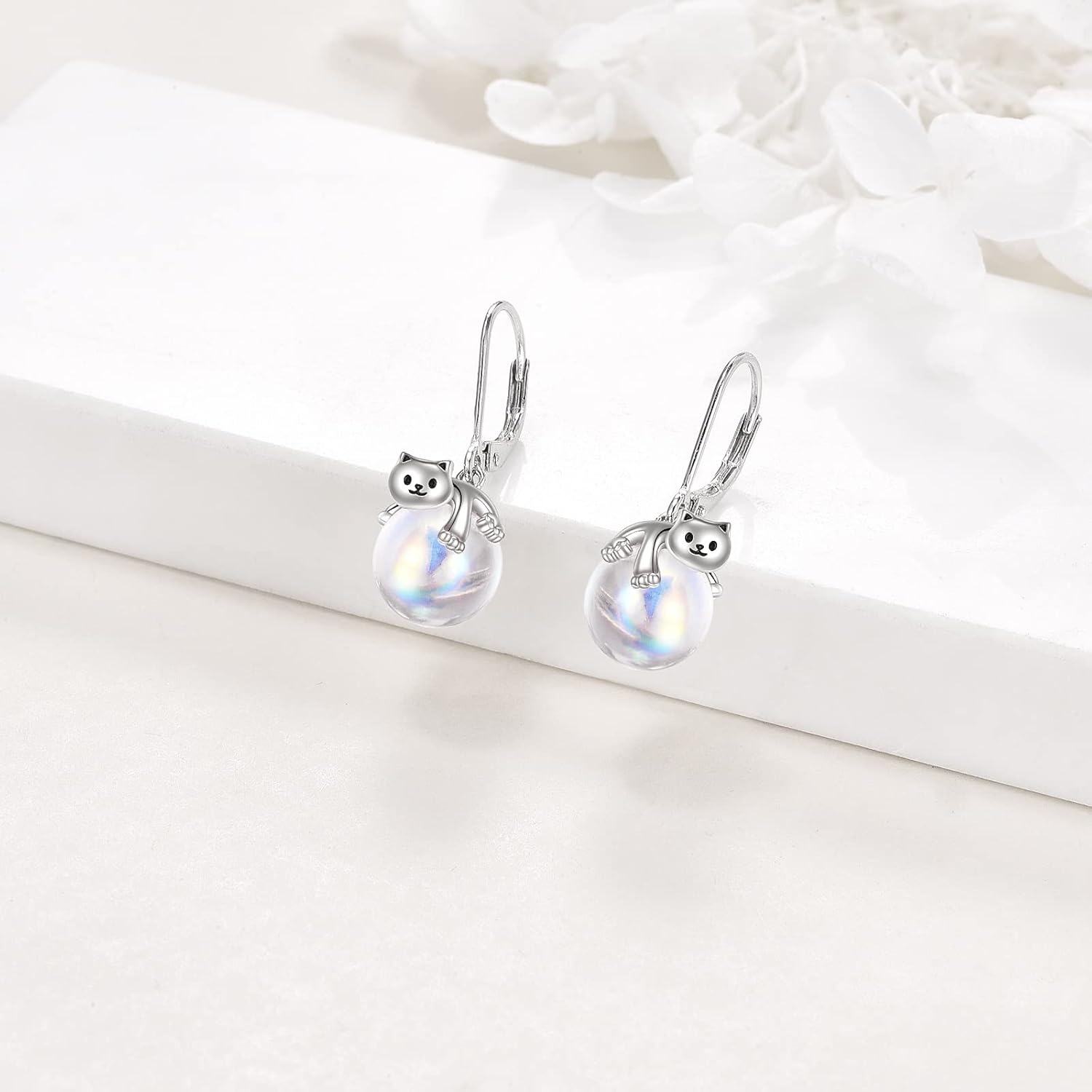 925 Sterling Silver Opalite Cat Dangle Earrings-0-1