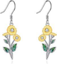 wholesale 925 Sterling Silver Purple Poppy Flower Drop Dangle Earrings with Green Leaves and CZ Stones for Women Girls -Drop-Aprial Daisy Earrings