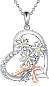 wholesale 925 Sterling Silver Heart Flower Ribbon Pendant Necklace-K-Daisy