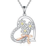 wholesale 925 Sterling Silver Heart Flower Ribbon Pendant Necklace-K-Daisy