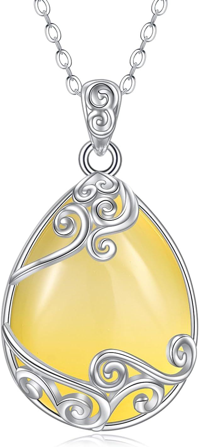 Sterling Silver Moonstone Filigree Teardrop Pendant Necklace for Women-DD-Yellow Agate Filigree Necklace