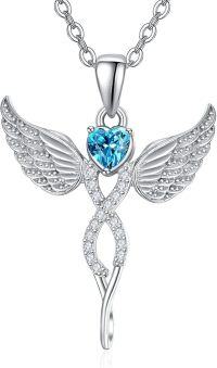 wholesale Sterling Silver Angel Birthstone Necklace with 12 Crystal Gemstones for Women-12-Dec-Lab Created Blue Topaz