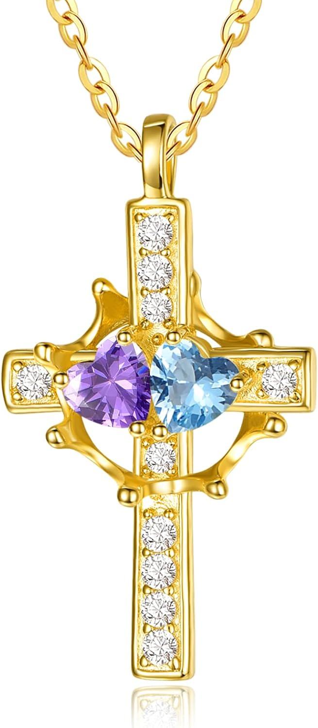 Sterling Silver Birthstones Gold Cross Necklace for Women -02-12-Feb-Dec-02-12-Feb-Dec