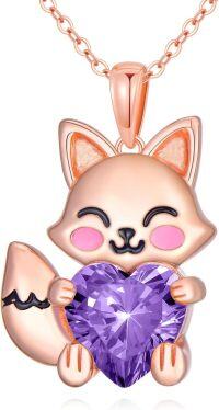 wholesale Sterling Silver Birthstone Cute Fox Heart Pendant Necklace for Women-February