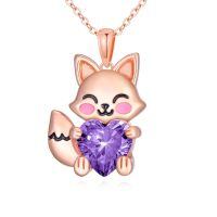 wholesale 925 Sterling Silver Birthstone Cute Fox Heart Pendant Necklace for Women-February