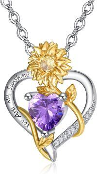 wholesale 925 Sterling Silver Sunflower Birthstone Necklace Heart Pendant Sunshine Jewelry Gift for Women-02 Feb