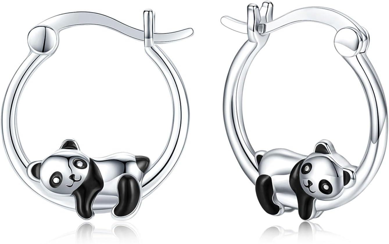 925 Sterling Silver Panda Animal Charm Huggie Hoop Earrings for Women Girls  43mm Diameter-0-0