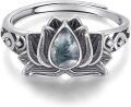 wholesale S925 Sterling Silver Lotus Moss Agate Ring Dainty Natural Stone Adjustable Size Hypoallergenic Jewelry Gift for Women-0-0