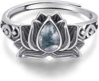 wholesale S925 Sterling Silver Lotus Moss Agate Ring Dainty Natural Stone Adjustable Size Hypoallergenic Jewelry Gift for Women-A-Lotus Rings