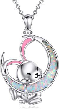 wholesale 925 Sterling Silver Opal Moon Pendant Necklace w/ Rabbit & Star Charm for Women's Gifts-Bunny Necklace