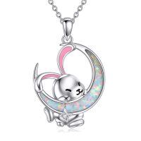 wholesale 925 Sterling Silver Opal Moon Pendant Necklace w/ Rabbit & Star Charm for Women's Gifts-Bunny Necklace