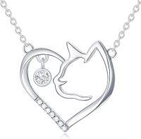 wholesale 925 Sterling Silver Cat Heart Pendant with Cubic Zirconia - Hypoallergenic Jewelry for Women and Girls-CAT